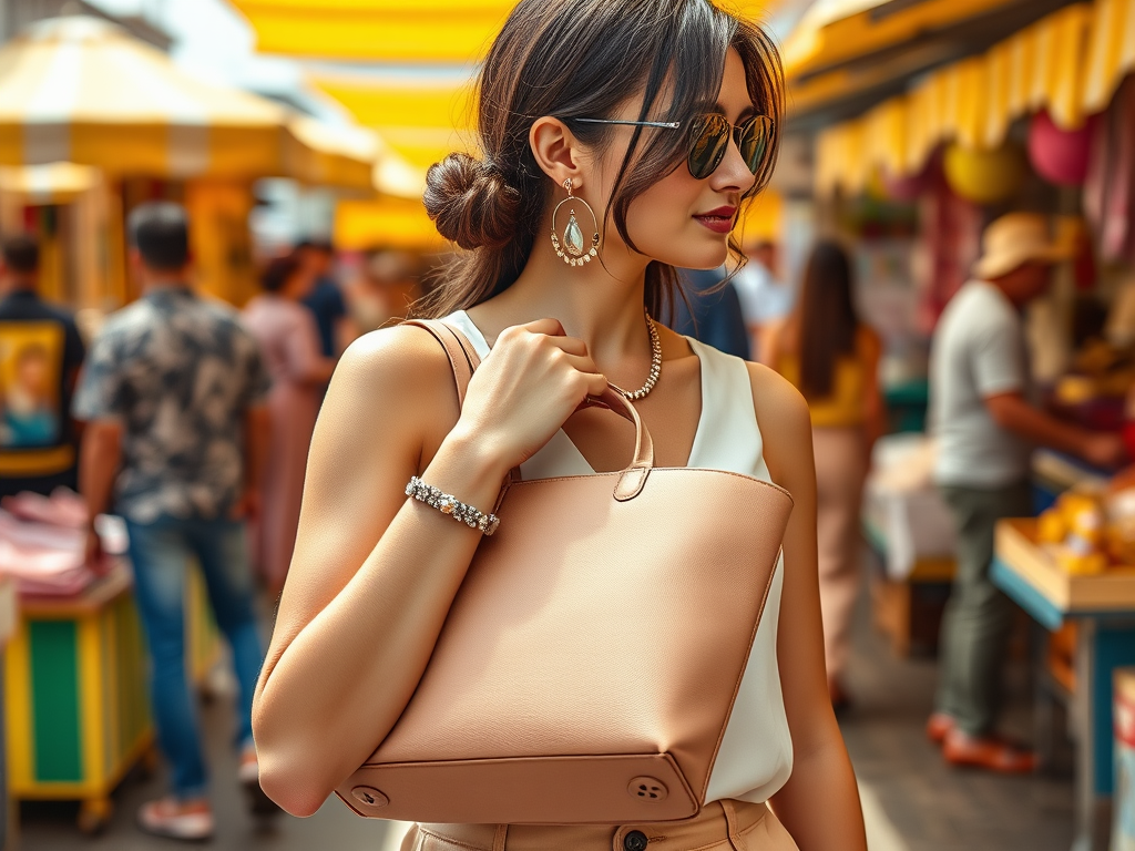 Une jeune femme élégante porte un sac à main dans un marché animé, entourée de couleurs et de passants.