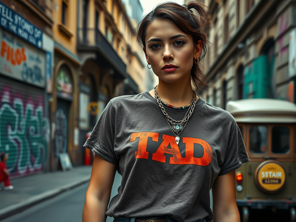 Une jeune femme au t-shirt gris avec l'inscription "TAD", posant dans une rue urbaine colorée.