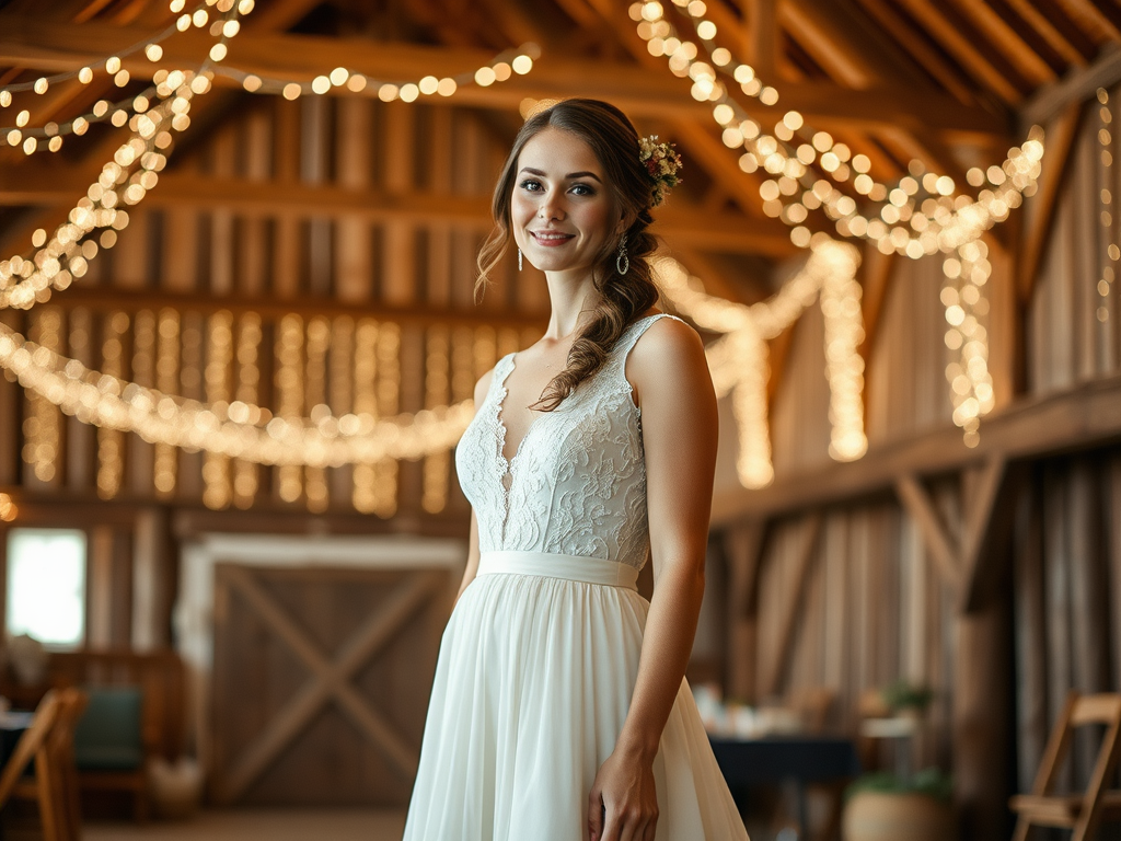 Une jeune mariée souriante se tient dans une grange joliment décorée avec des lumières féériques.