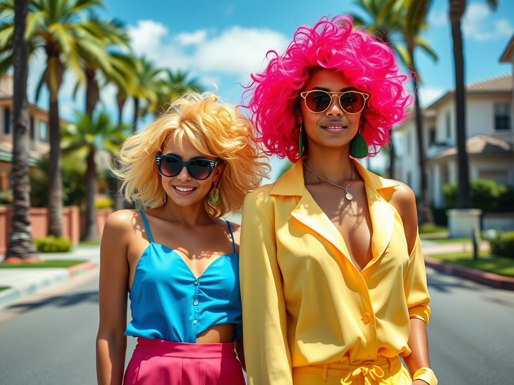 Deux femmes souriantes se tiennent devant des maisons, vêtues de tenues colorées et de lunettes de soleil.