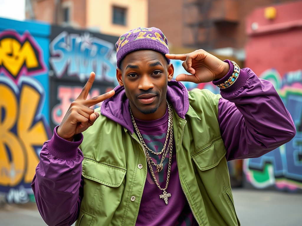 Un jeune homme souriant porte un manteau coloré et fait des signes de paix devant un mur de graffiti.