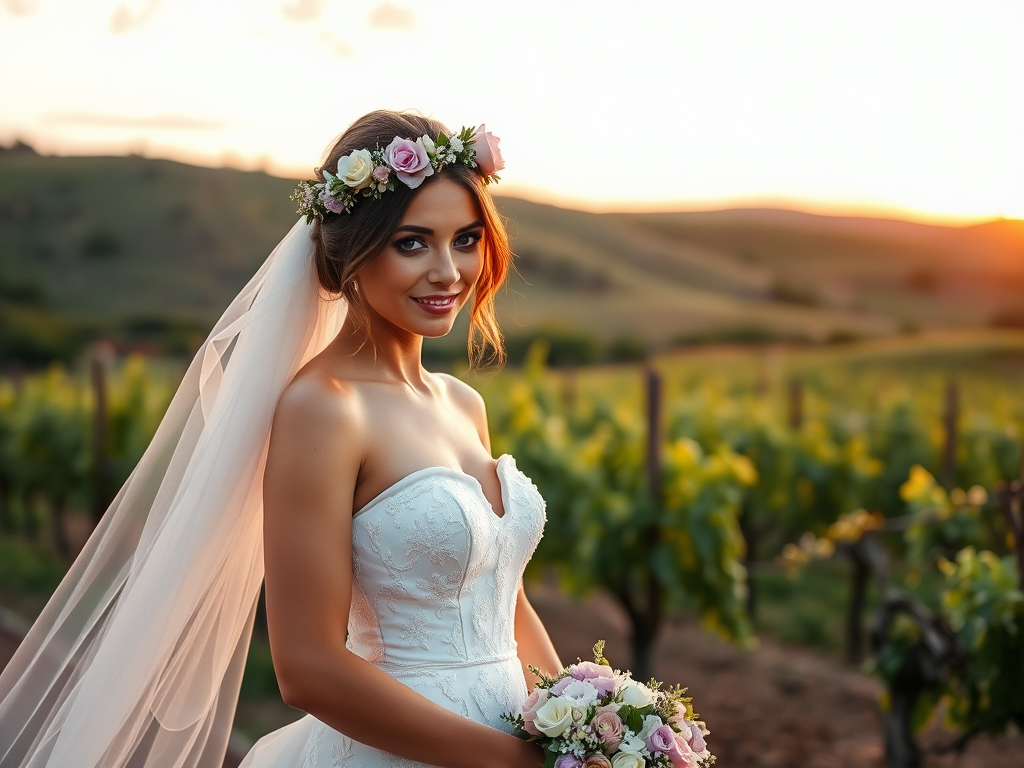 Une mariée souriante, parée d'une couronne de fleurs, se tient dans un vignoble au coucher de soleil.