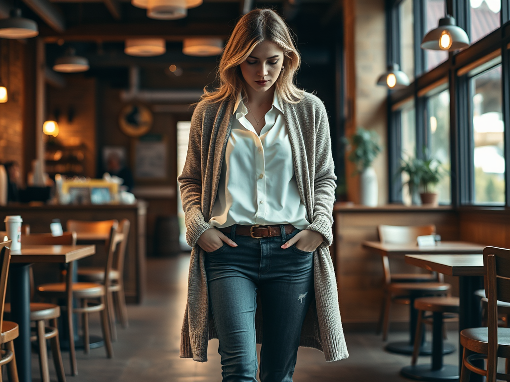 Une femme élégante marche dans un café, portant un cardigan et une chemise. L'ambiance est chaleureuse.