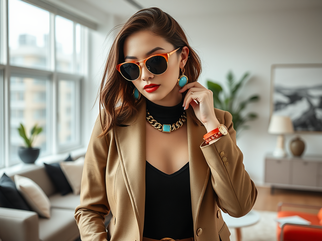 Une femme élégante porte des lunettes de soleil et un blazer beige, posant dans un intérieur moderne et lumineux.