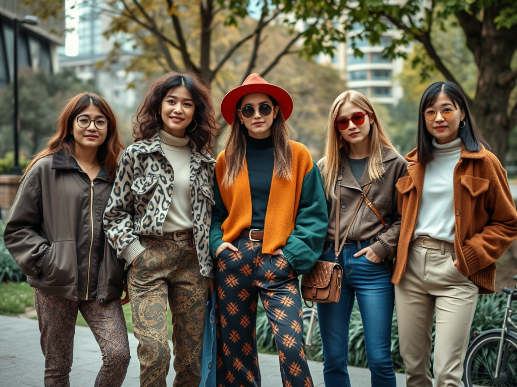 Cinq femmes vêtues de styles variés posent ensemble dans un parc, entourées d'arbres et de verdure.