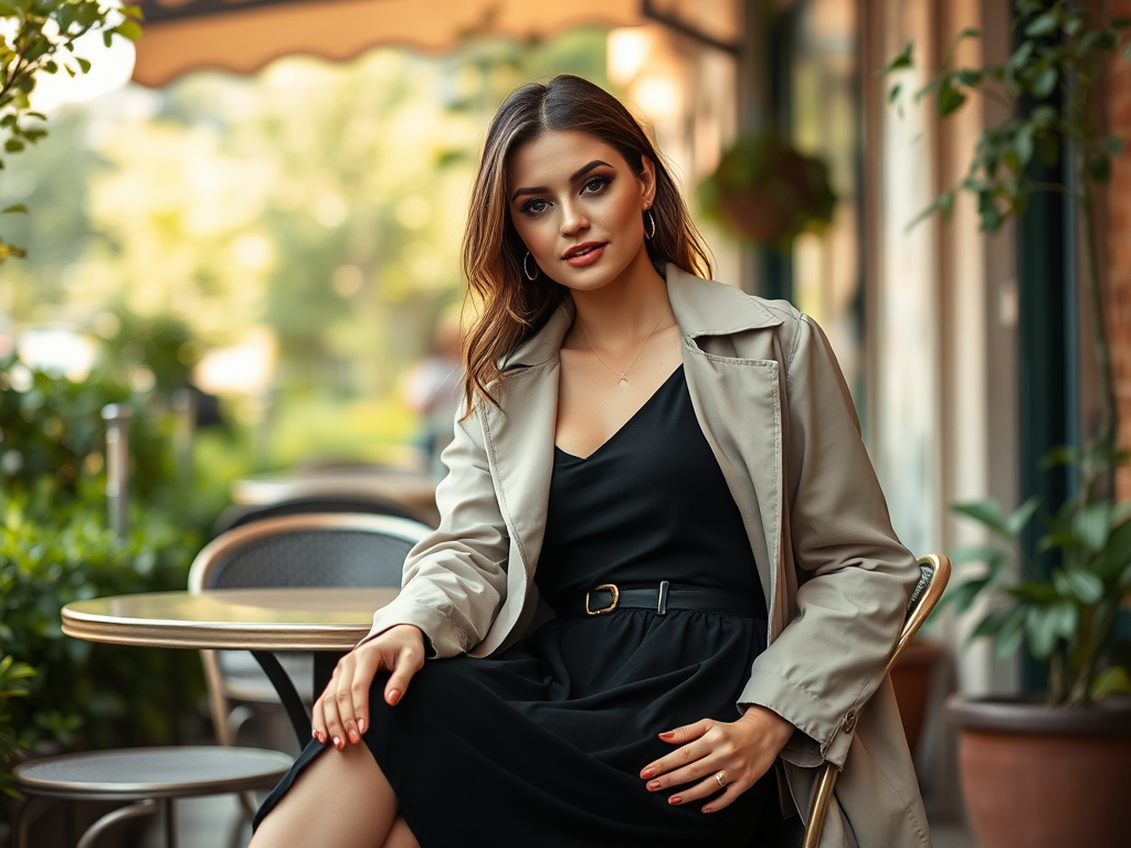 Une femme élégante porte une robe noire et un manteau clair, assise à une terrasse avec des plantes verdoyantes.