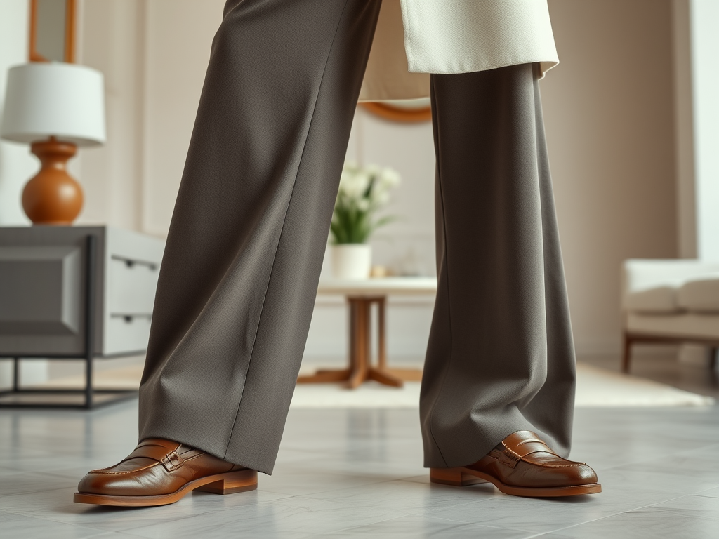 Un plan rapproché de pantalons gris larges avec des chaussures en cuir marron dans un intérieur moderne et stylé.