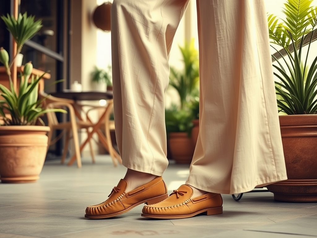 Une personne portant des mocassins marron se tient dans un café, entourée de plantes en pot.