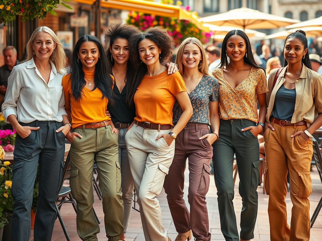 Un groupe de sept femmes souriantes prend la pose dans une rue ensoleillée, vêtues de vêtements décontractés.