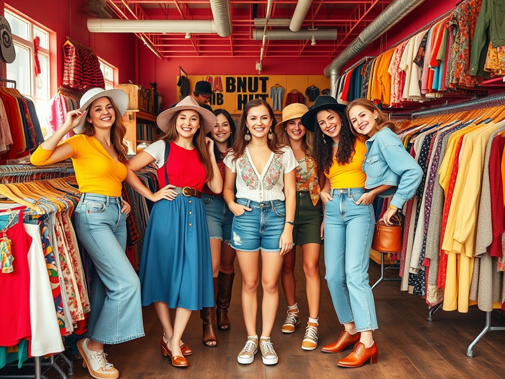 Un groupe de sept femmes souriantes pose dans une boutique de vêtements colorés avec des chapeaux stylés.