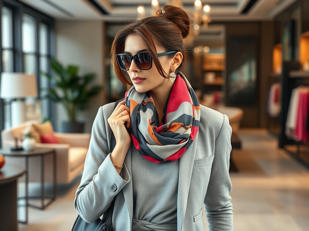 Femme élégante portant des lunettes de soleil et un foulard coloré, dans un magasin moderne et lumineux.