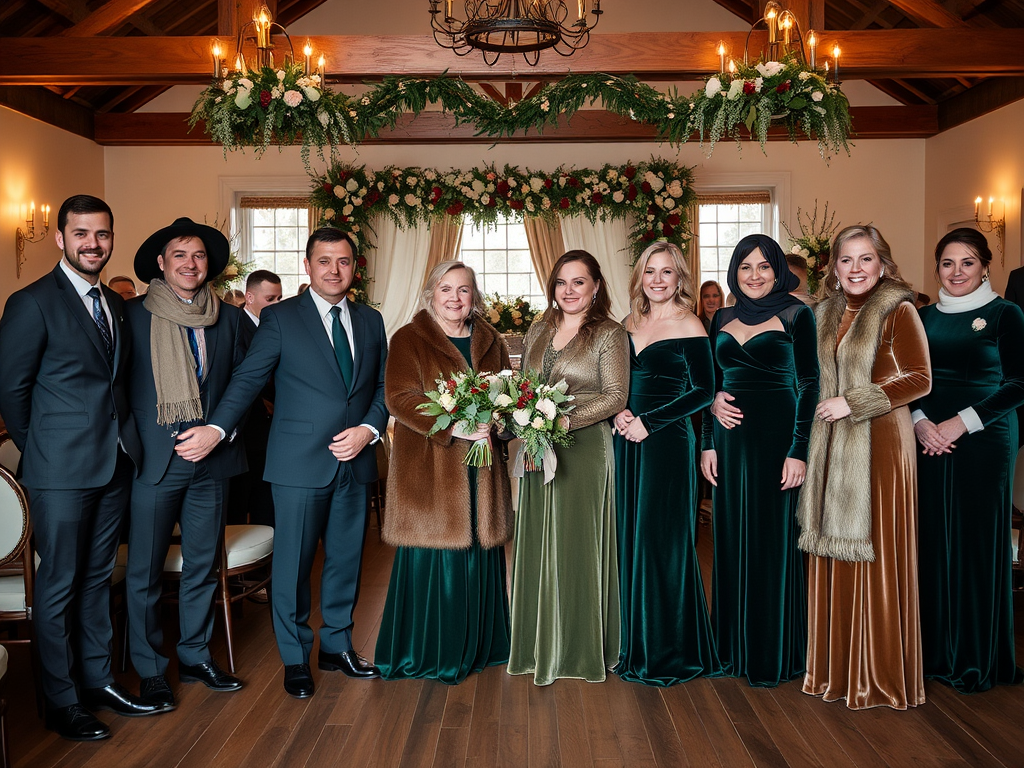 Groupe de personnes en vêtements élégants dans une salle décorée de fleurs, souriant pour la photo.