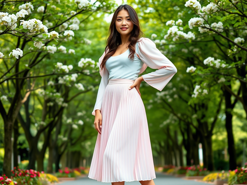 Une femme en jupe plissée rose pose dans un parc entouré d'arbres et de fleurs blanches.