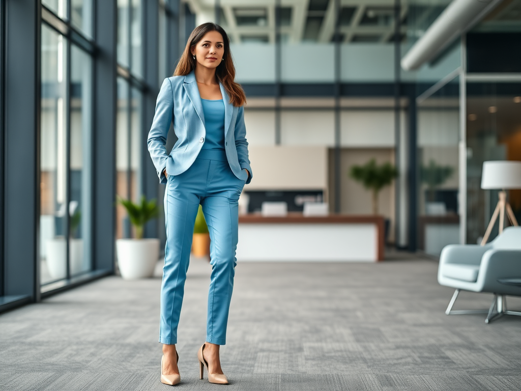 Une femme en costume bleu clair pose avec confiance dans un espace de bureaux moderne et lumineux.