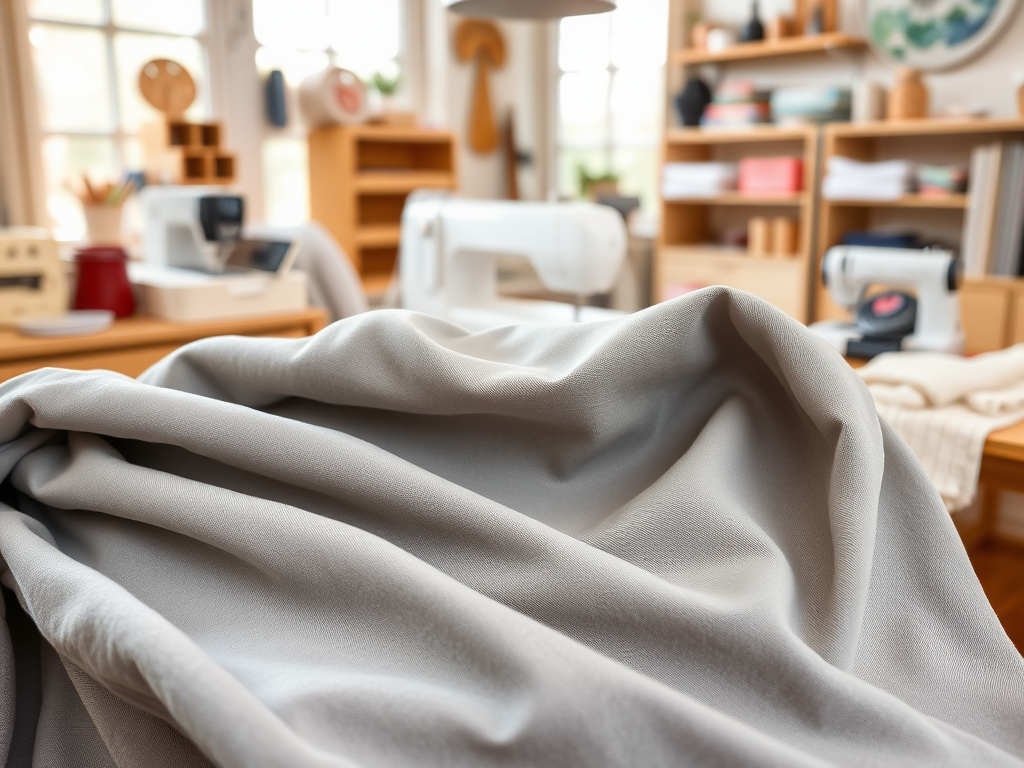 Tissu gris plié sur une table, avec des machines à coudre et un espace de travail créatif en arrière-plan.