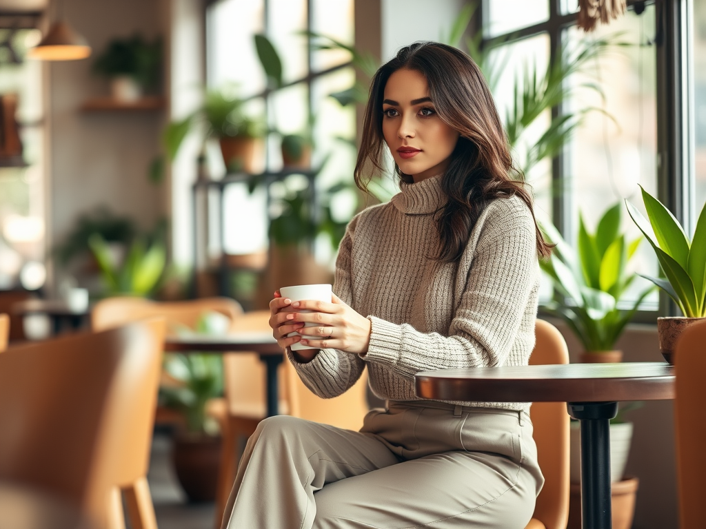 Une femme assise dans un café, tenant une tasse, entourée de plantes et d'un décor chaleureux.